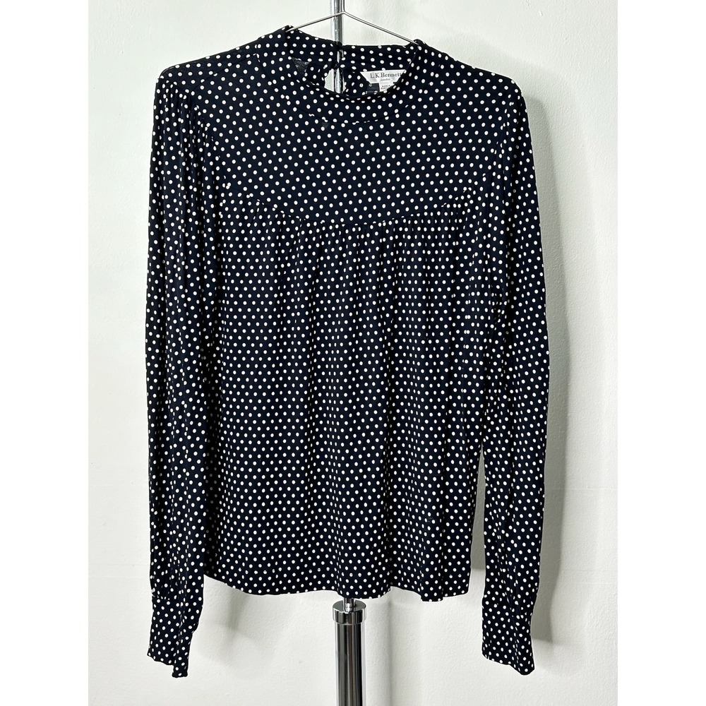 L.K. Bennett TJ Mabyl Blouse Navy Polka Dot High Neck Long Sleeve Top L